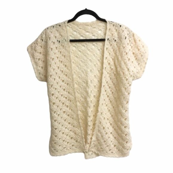 HAND KNIT Short Sleeve Open Cardigan Sweater Wrap Crochet Knit Cream M - Picture 1 of 6